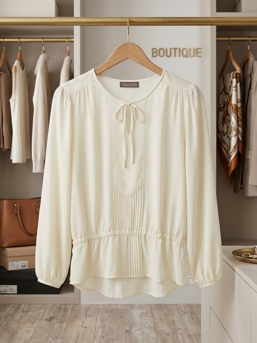 Vintage Chadwick's Cream Pleated Bib Tie Neck Blouse Size 16